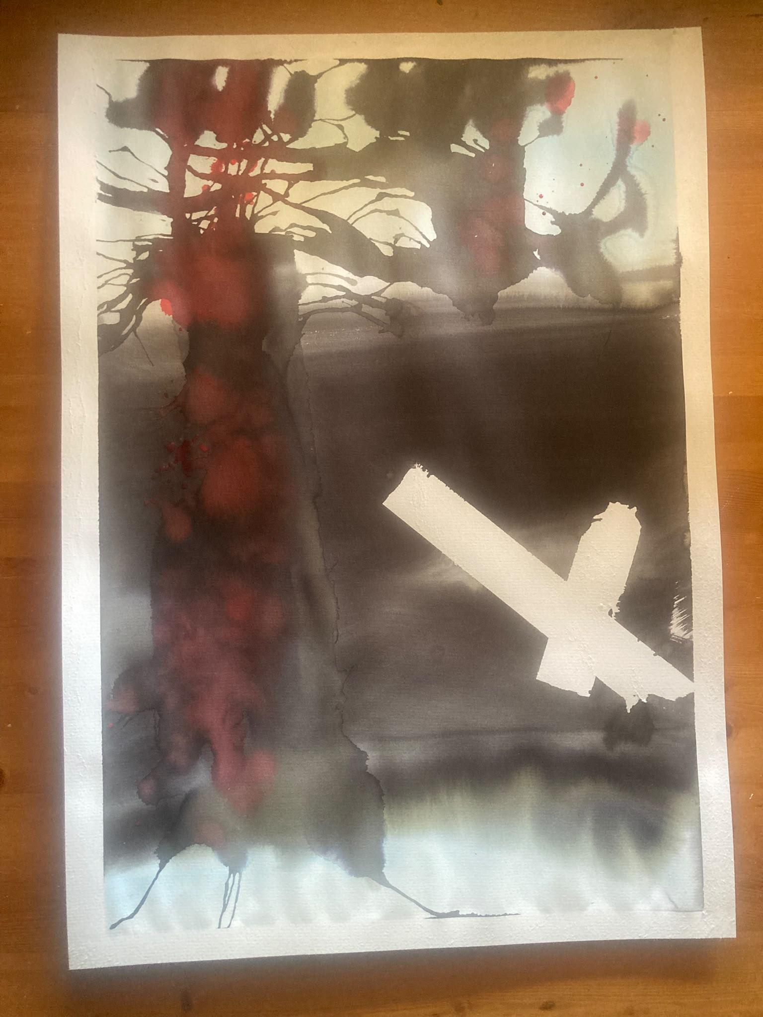 Abstrakte Aquarellmalerei mit vertikalen roten und schwarzen Farbverläufen sowie einem weißen, diagonalen Pinselstrich.